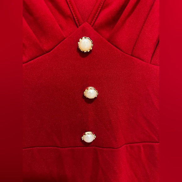 Long Red Dress With Sewn On Pearls and Puffed Sleeves - Picture 6 of 13